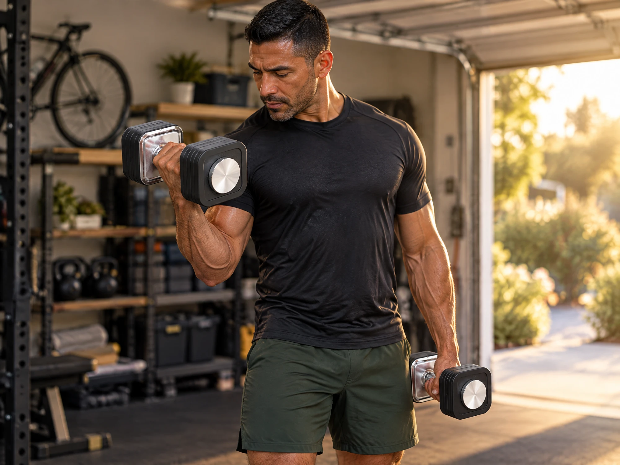 Lifter curling square-plate adjustable dumbbells in a garage gym at sunrise, a second loaded dumbbell hanging at his side