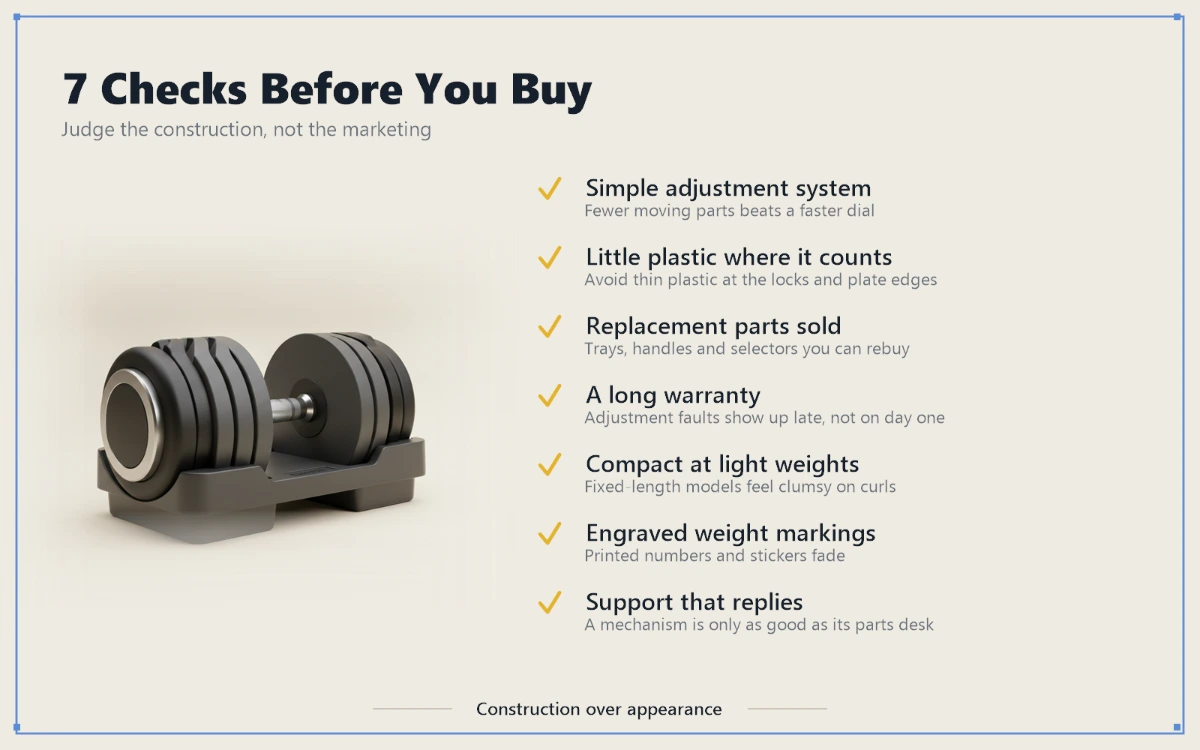 Seven checks before buying adjustable dumbbells: simple adjustment system, minimal plastic at the locks, replacement parts sold, long warranty, compact at light weights, engraved markings, responsive support.