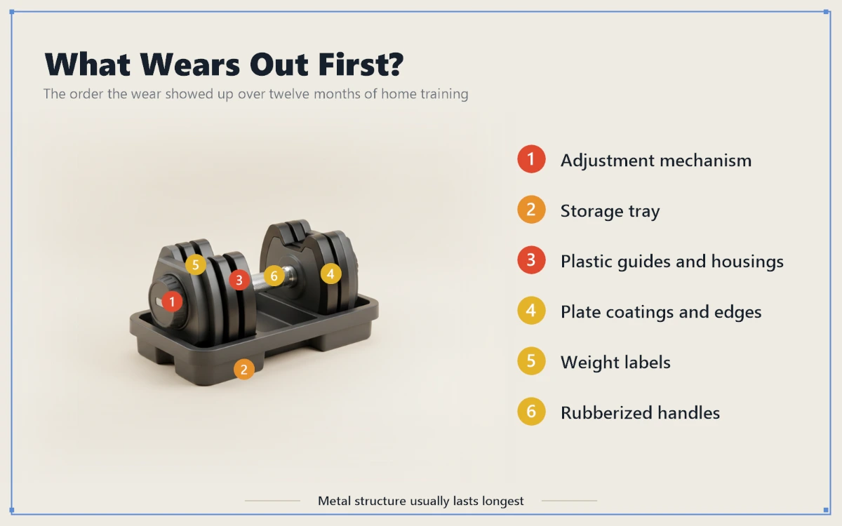 How long do adjustable dumbbells last? This dumbbell in its storage tray has six numbered wear points, in the order they appeared over twelve months: the adjustment mechanism, storage tray, plastic guides and housings, plate coatings and edges, weight labels, and rubberized handles.