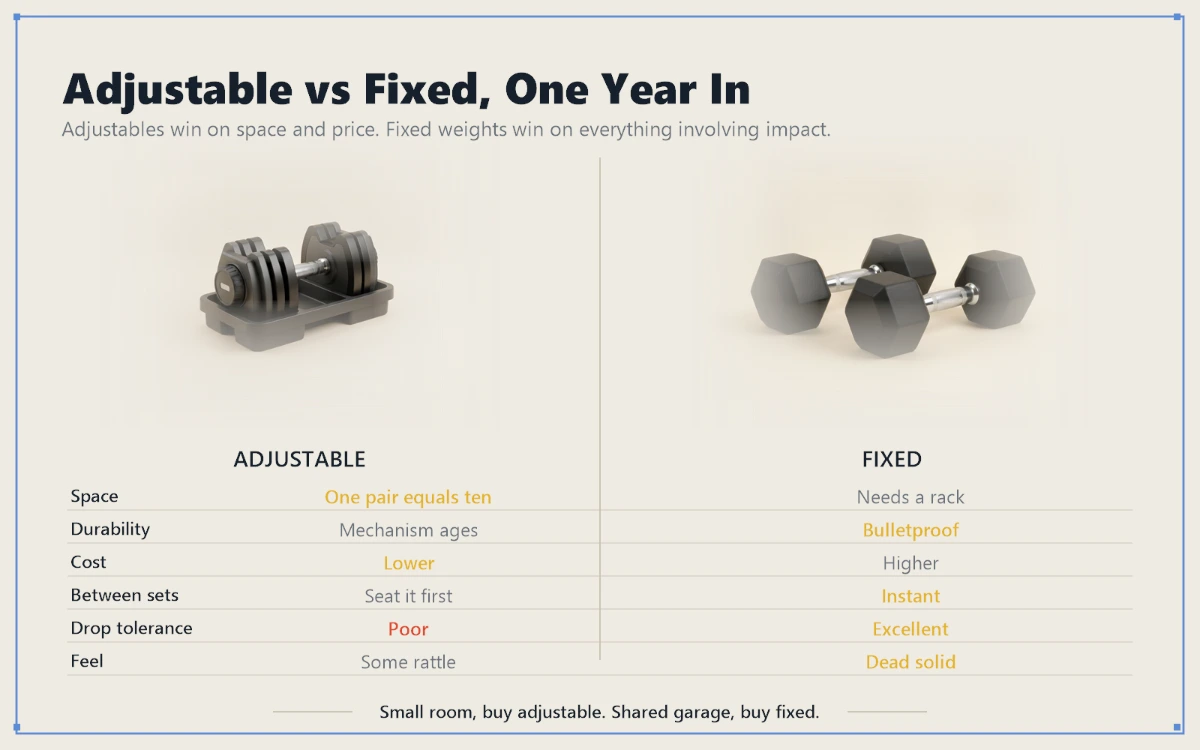 Adjustable dumbbell and fixed hex dumbbells side by side, compared across space, durability, cost, speed between sets, drop tolerance and feel.