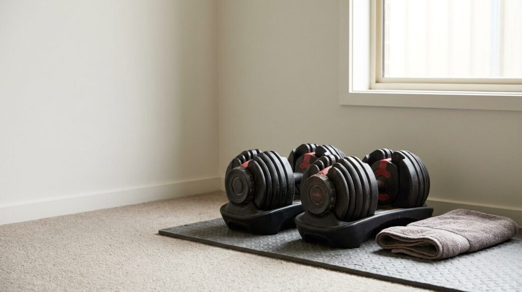 Bowflex SelectTech 1090 dumbbells resting in moulded cradles on a grey rubber mat in the corner of a spare room, with daylight from a window and empty wall to the left.