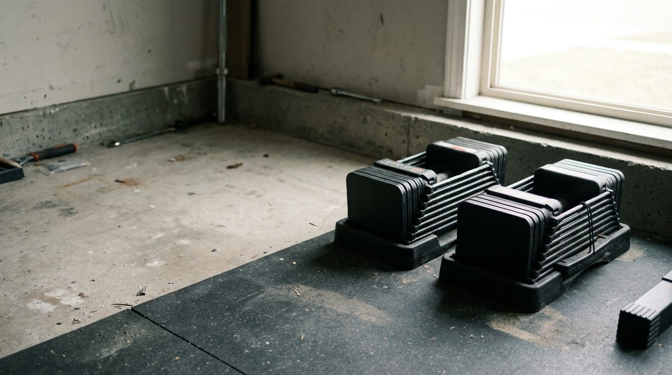 A pair of black block-style adjustable dumbbells sitting in their base cradles on a rubber mat over a concrete garage floor, lit by daylight from a nearby window.