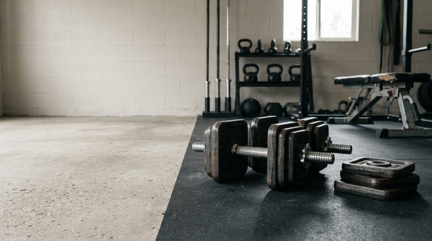 NUOBELL 580 review: the adjustable dumbbells sitting in low cradles on a light wood floor in the corner of a tidy apartment, beside a rolled yoga mat, with daylight from a nearby window and a large area of empty wall to the left.