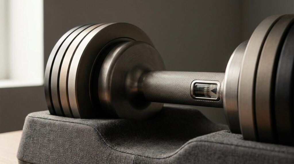 Close-up of a compact adjustable dumbbell showing a knurled steel handle and the small weight indicator window set into it, with machined metal plates stacked either side.