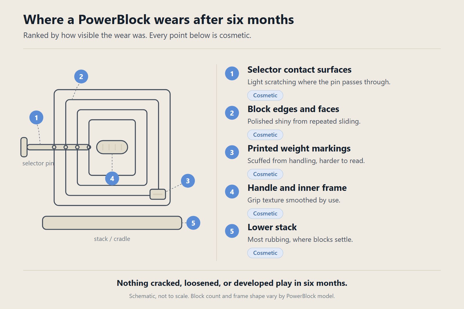 PowerBlock durability map: schematic of a PowerBlock dumbbell with five numbered wear points: selector contact surfaces, block edges and contact faces, printed weight markings, handle and inner frame, and the lower stack. All five are cosmetic.