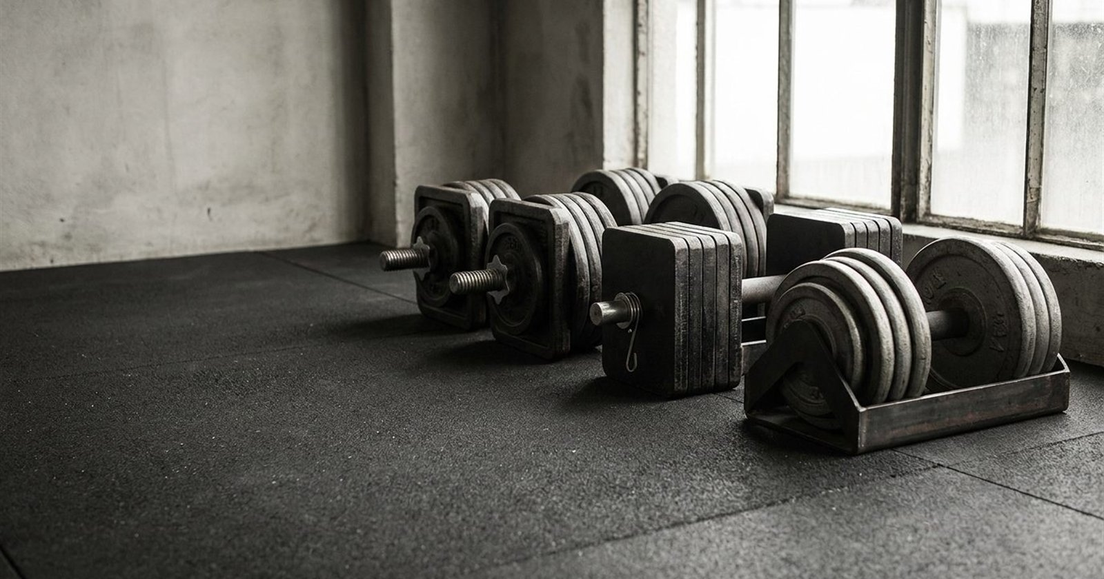 Three heavy adjustable dumbbell systems lined up on a black rubber gym floor: square plates with threaded screws, a rectangular block-style unit, and a round-plate dumbbell in a low cradle, all loaded near maximum, illustrating 100 lb adjustable dumbbells.