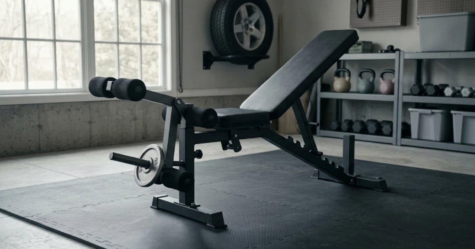 An adjustable weight bench set to an incline on black rubber mats in a garage gym, with a plate-loaded leg extension attachment on the front end: two pairs of foam roller pads and a weight plate on the loading peg, with kettlebells and dumbbells on shelves behind.