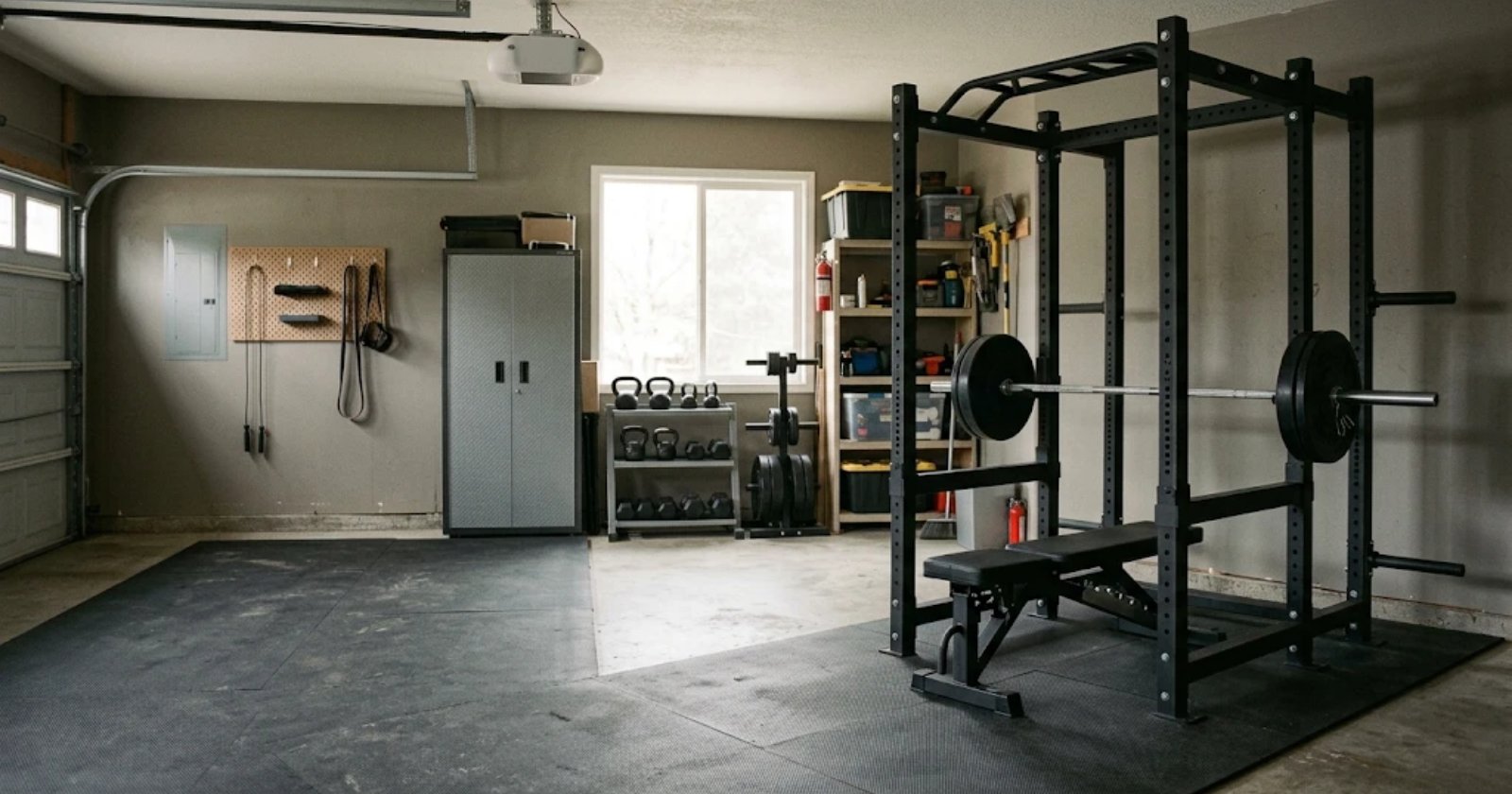 A garage home gym with a black four-post power rack on rubber mats, an adjustable bench rolled inside it and a loaded barbell resting in the J-cups, with kettlebells and storage shelves along the back wall: a squat rack and bench set up as one pressing station.